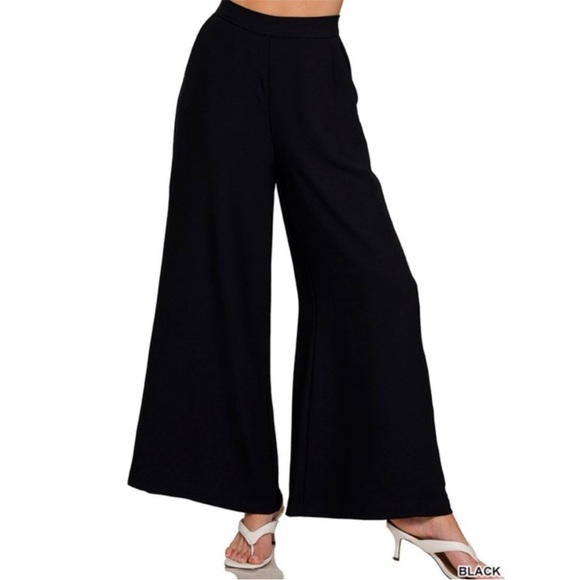 Black Wide Leg Cool Draped Trousers with Flat Front & Elastic Back - Picture 3 of 3
